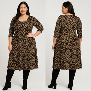 Ellos‎ 1X (22–24) Leopard Print A-Line Knit Dress – Soft Stretch with ¾ Sleeves